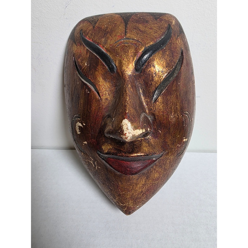 Vintage Hand Carved Wood Mask Gold Gilt Red Asian Folk Art Decorative Wall Decor